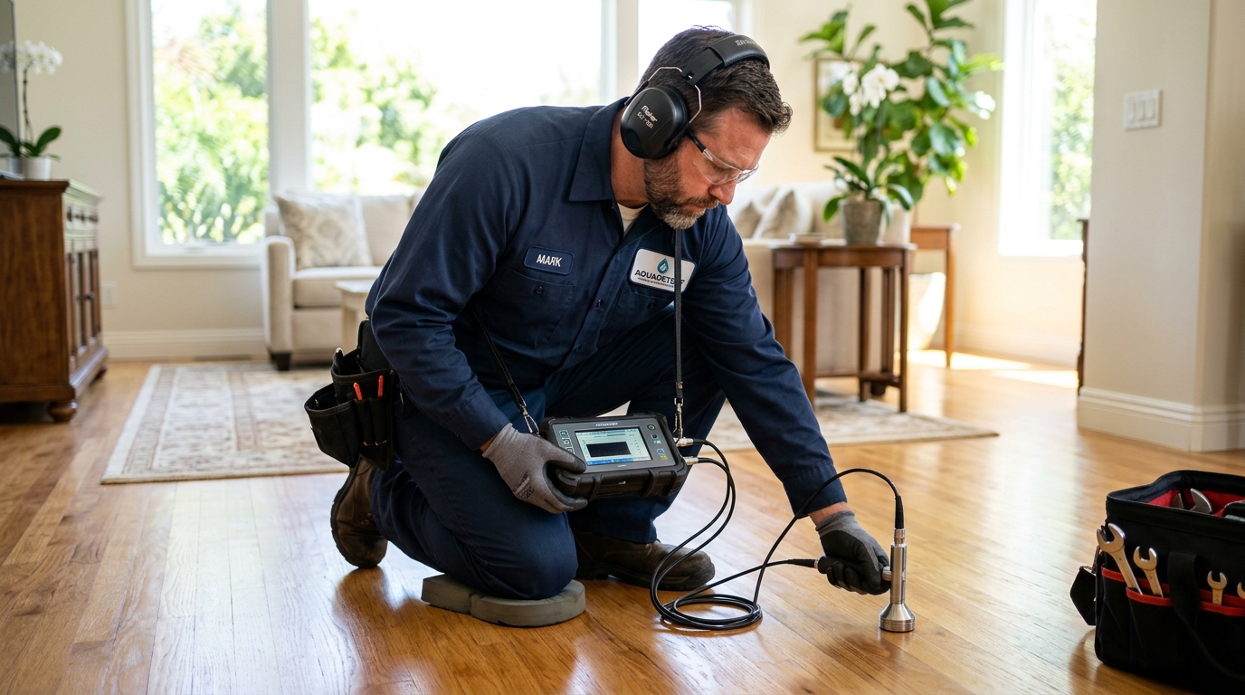 Licensed plumbing technician using electronic acoustic ground listening microphone to pinpoint foundation slab leak in a Rancho Palos Verdes residence