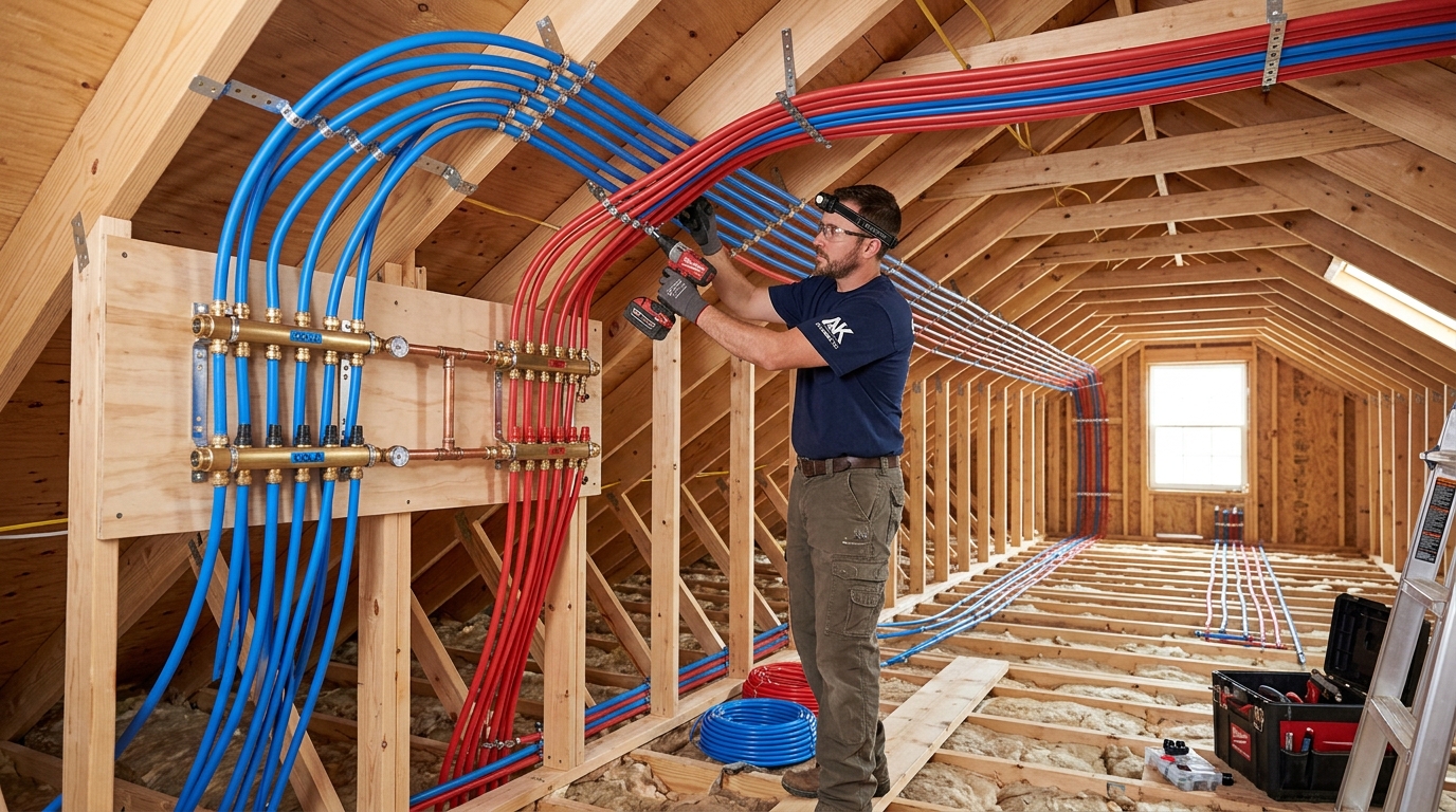 Continuous PEX-a overhead plumbing reroute installed in attic framing bypassing concrete foundation slab